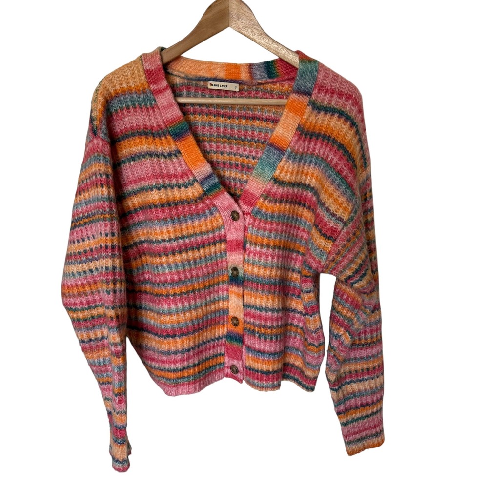 Marine Layer Cardigan Women Small Multicolor Striped Wool Blend Excellent V-Neck
